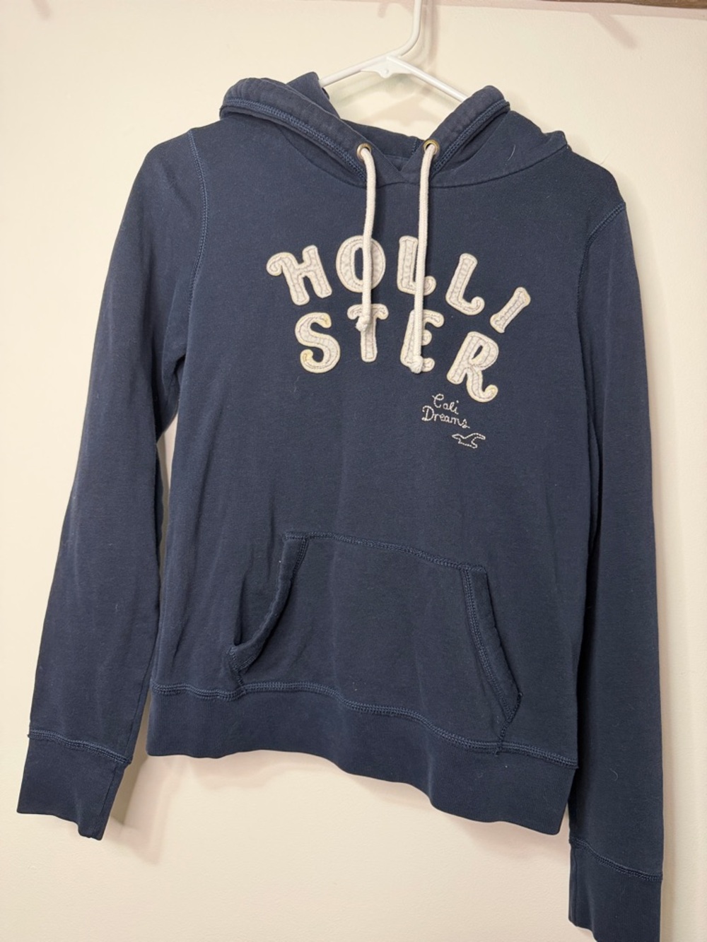Hollister Navy Hoodie with Cream Logo and Drawstrings